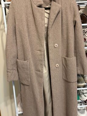 Long Taupe Wool-Blend Pea Coat — Women's Classic Overcoat